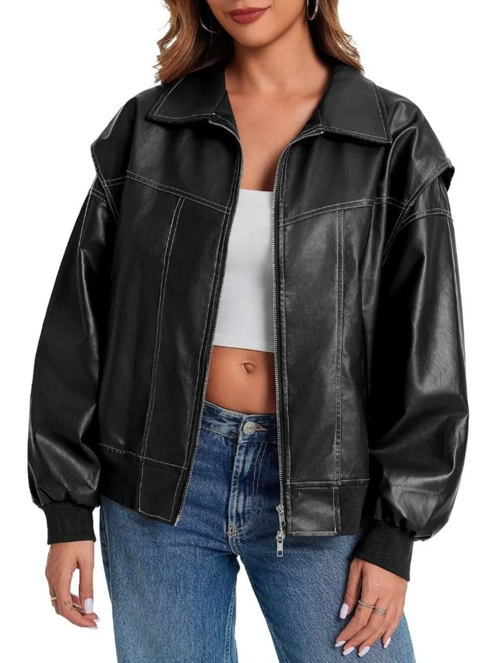 Women's Black Oversized Faux Leather Bomber Jacket Motorcycle ZIP Up Coat